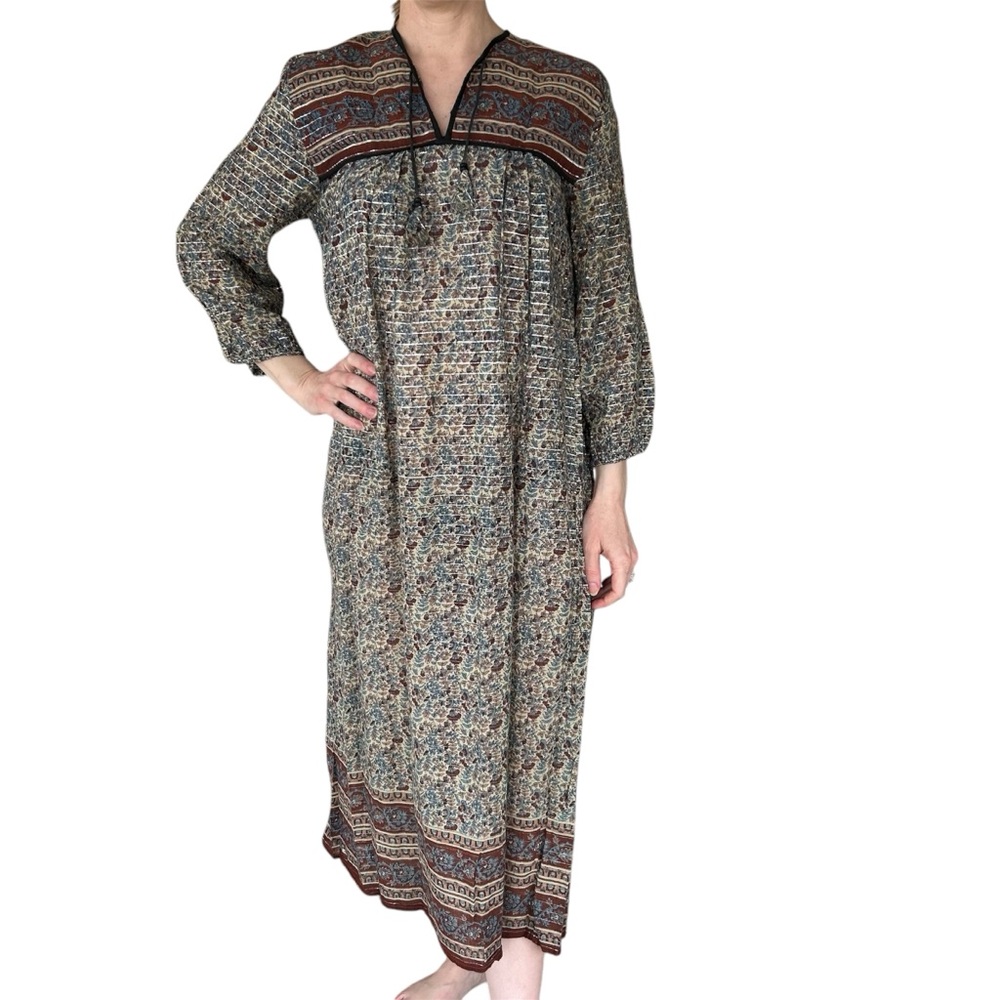 Vintage ‘70s Indian Cotton Dress Boho Bohemian Festival Travel Semi Sheer Floral